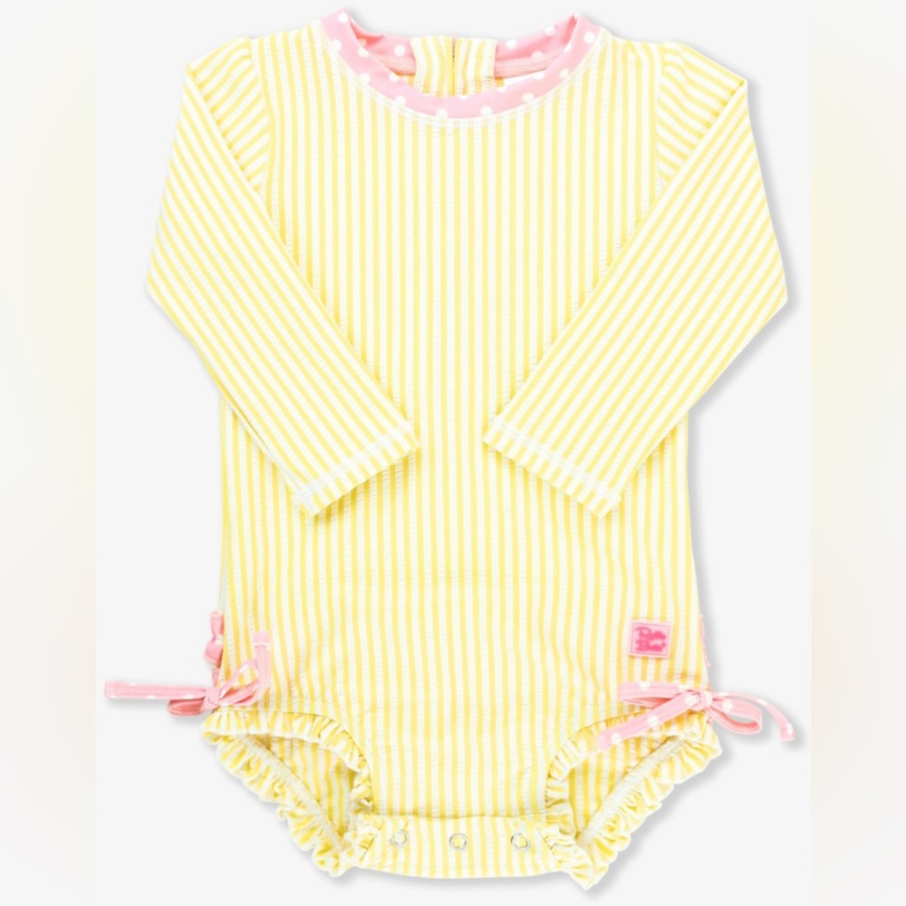 RuffleButts Yellow Seersucker Long Sleeve Rashguard One Piece Swimsuit